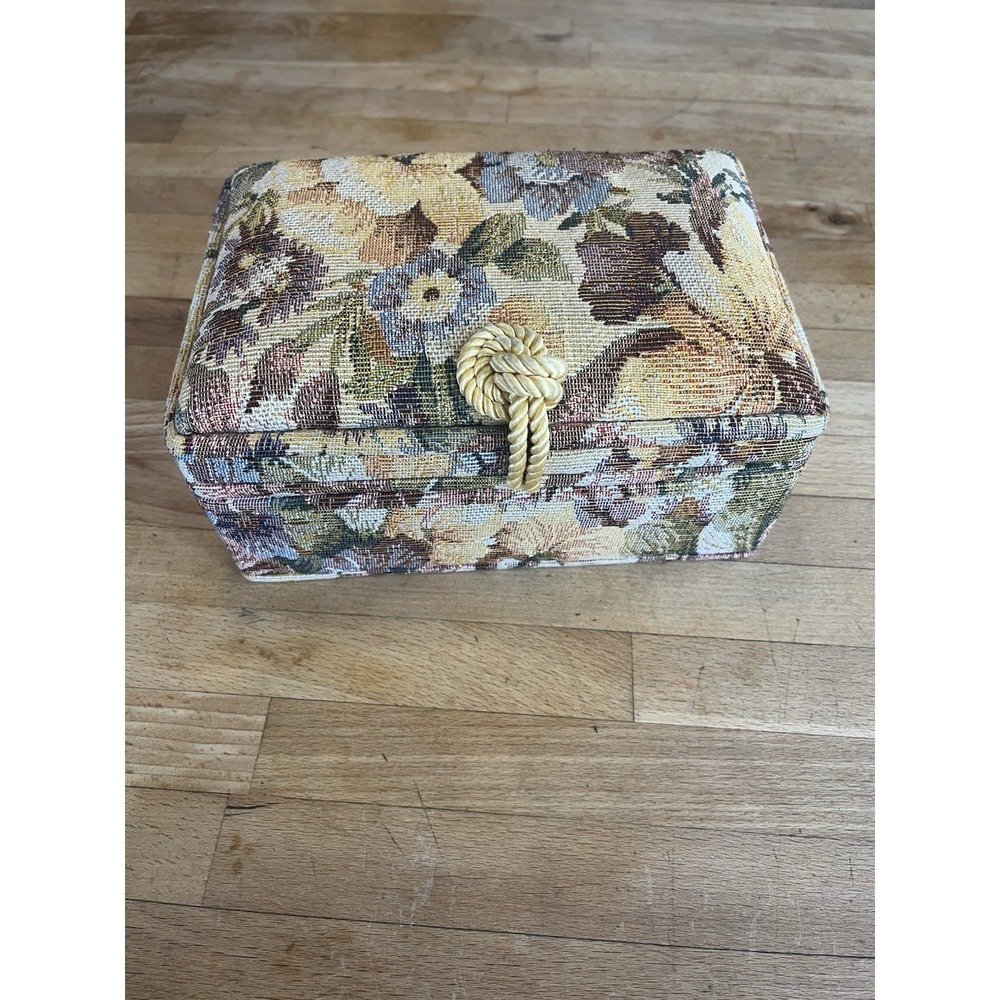 Vtg Fabric covered Jewelry Box Floral Mirror Tapestry Chest Grandma Core Cottage